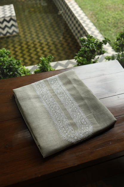 Sage Green Linen Chikankari Unstitched Men's Kurta Fabric