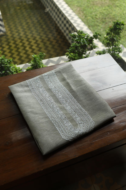 Sage Green Linen Chikankari Unstitched Men's Kurta Fabric