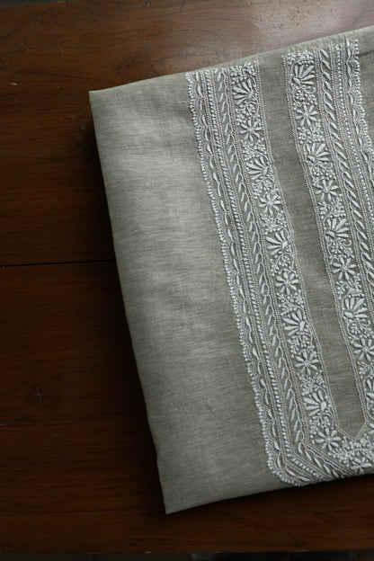 Sage Green Linen Chikankari Unstitched Men's Kurta Fabric