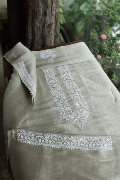 Sage Green Linen Chikankari Unstitched Men's Kurta Fabric