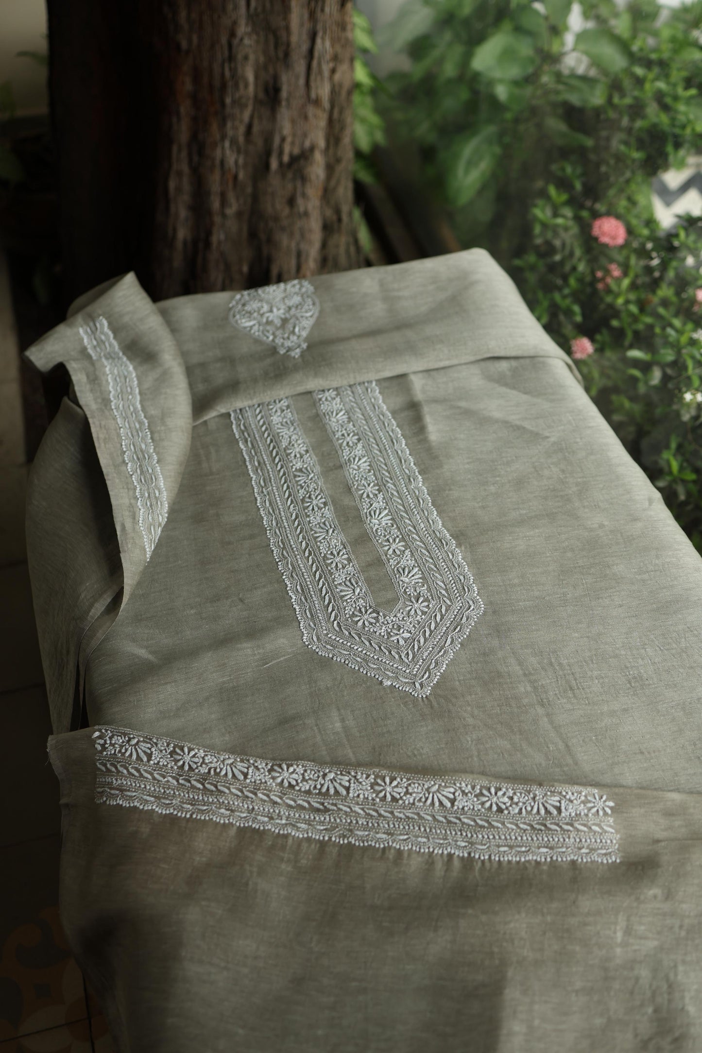 Sage Green Linen Chikankari Unstitched Men's Kurta Fabric