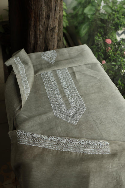 Sage Green Linen Chikankari Unstitched Men's Kurta Fabric