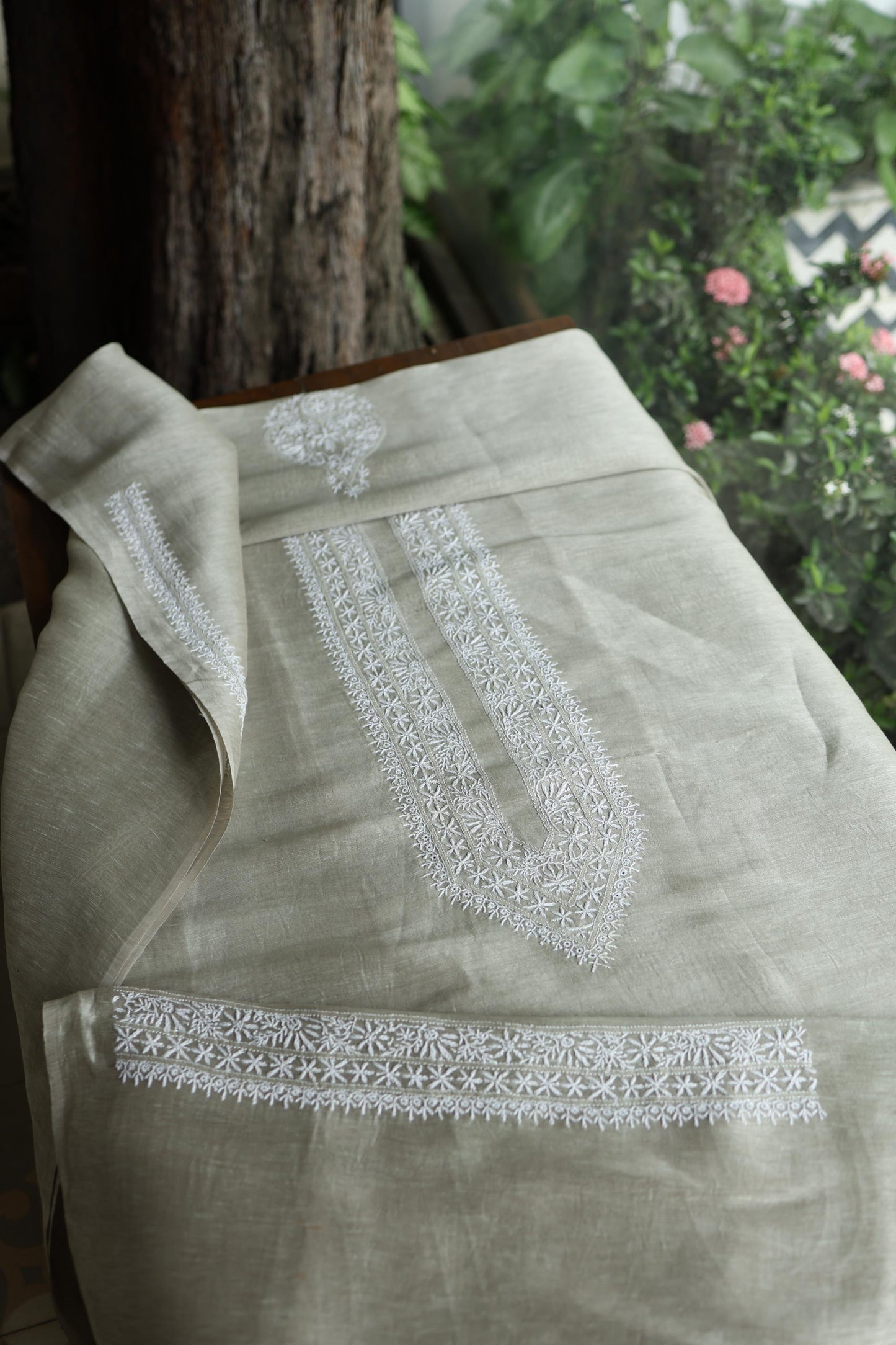 Sage Green Linen Chikankari Unstitched Men's Kurta Fabric