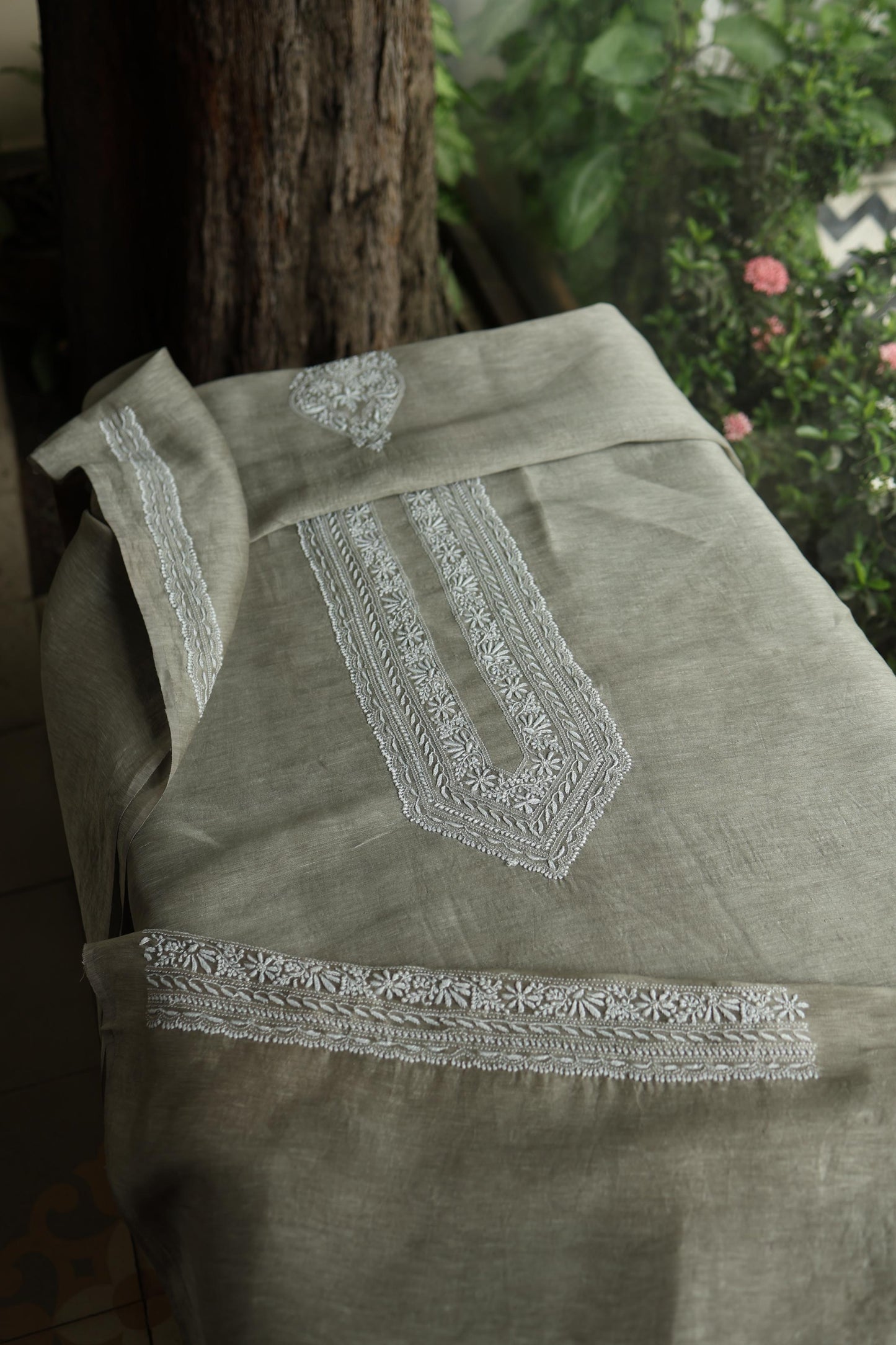 Sage Green Linen Chikankari Unstitched Men's Kurta Fabric