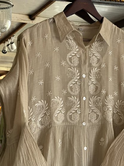 Sage Green Mal chikankari Dress With Bell Sleeves