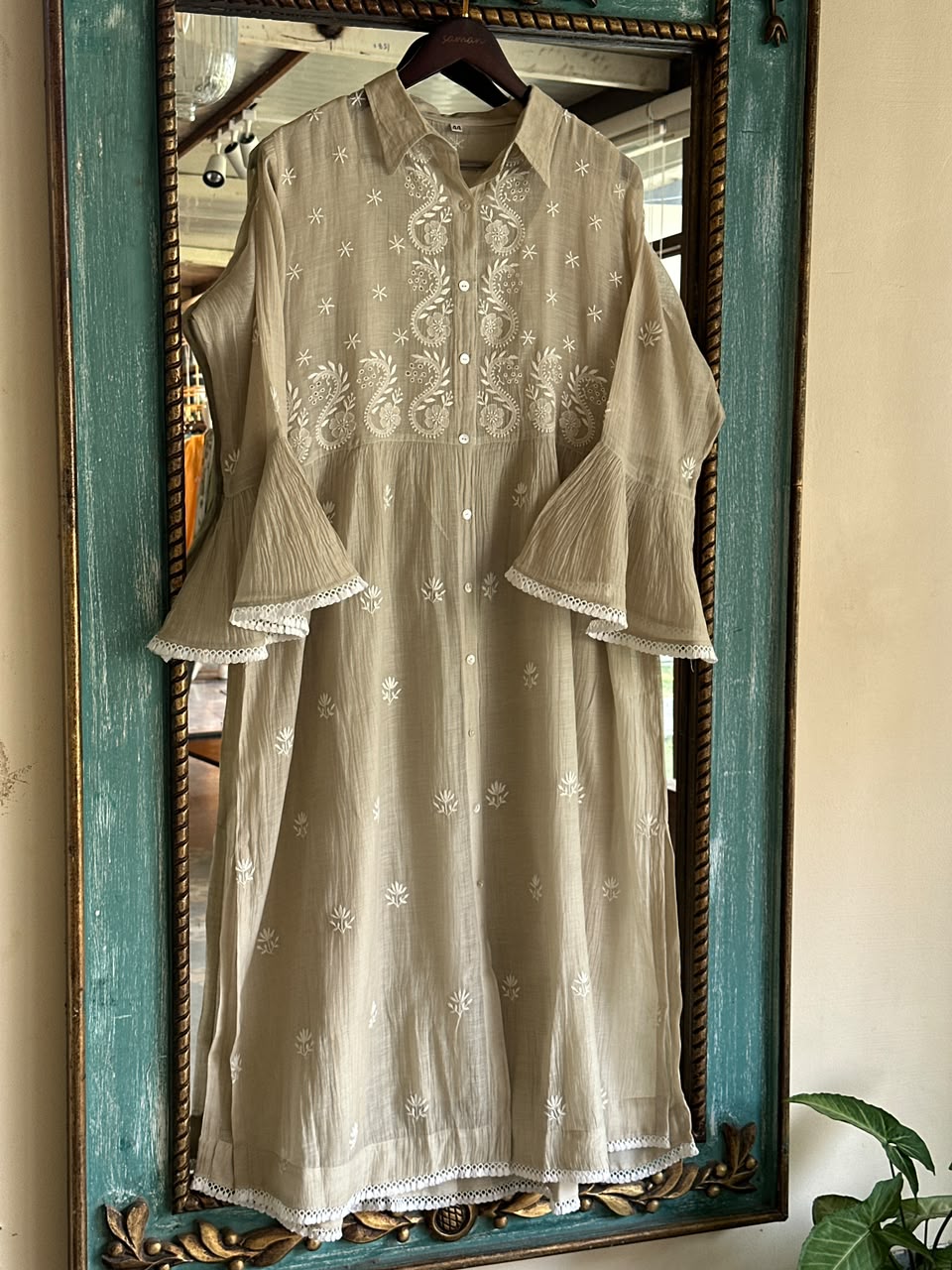 Sage Green Mal chikankari Dress With Bell Sleeves