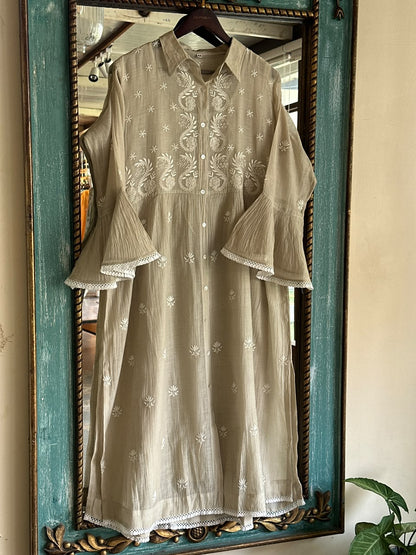 Sage Green Mal chikankari Dress With Bell Sleeves