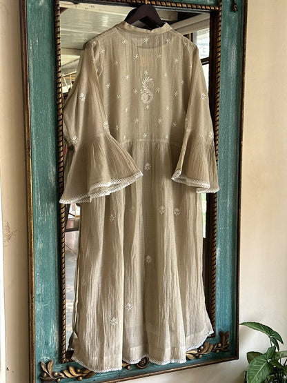 Sage Green Mal chikankari Dress With Bell Sleeves
