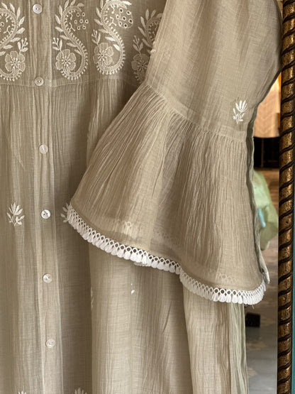 Sage Green Mal chikankari Dress With Bell Sleeves