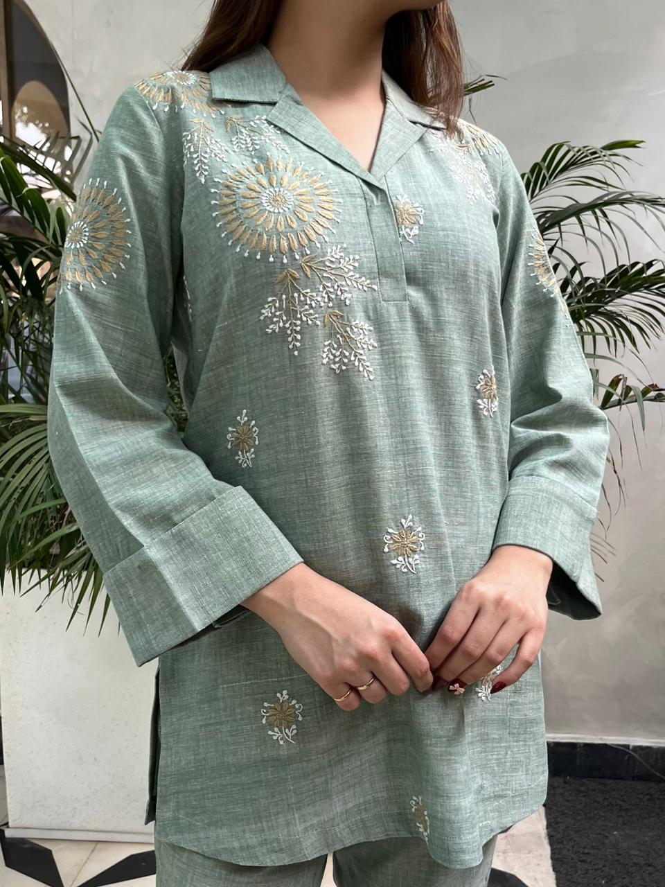 Sage Green Malkha Cotton Chikankari Co-ord Set