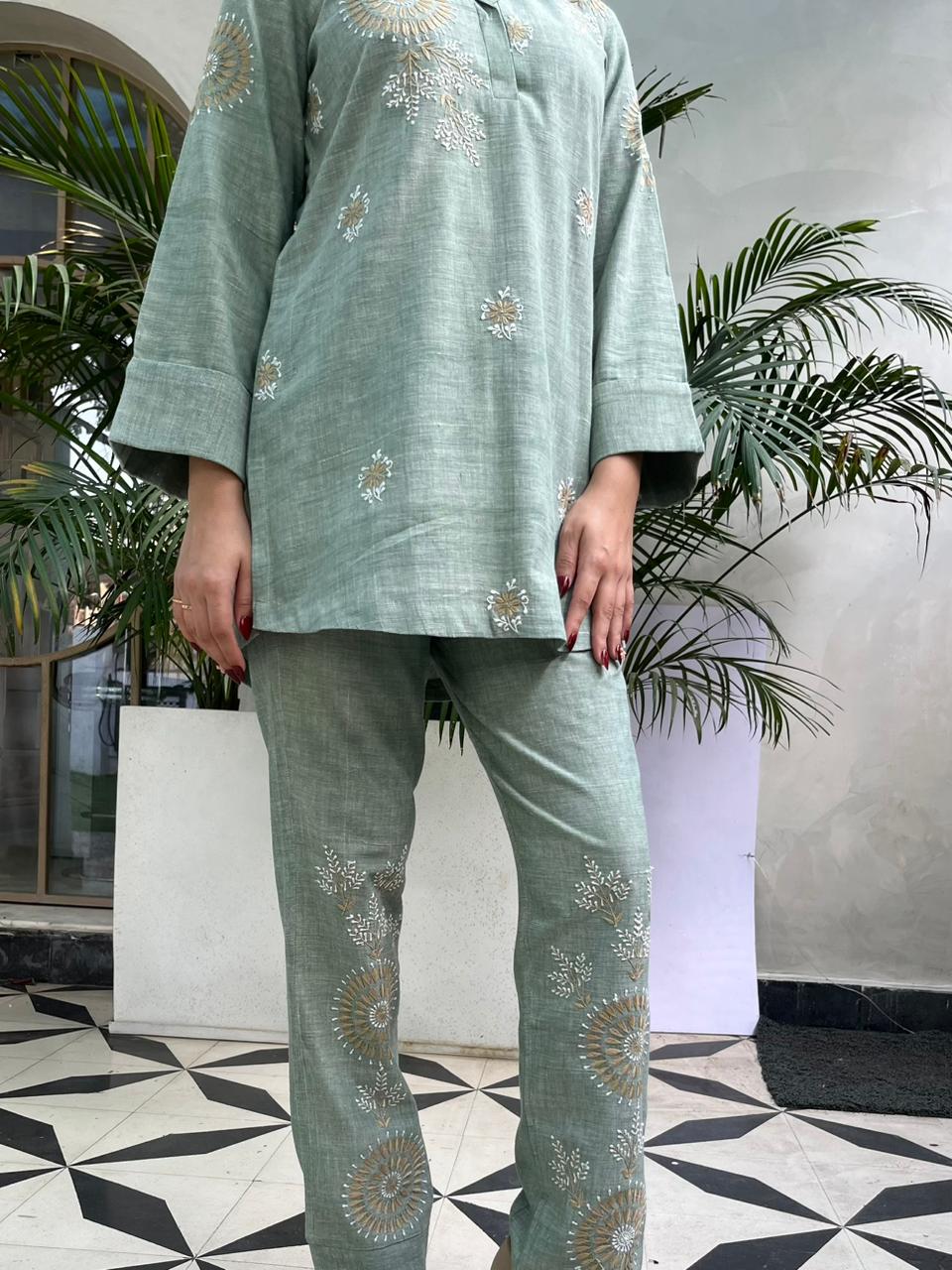 Sage Green Malkha Cotton Chikankari Co-ord Set