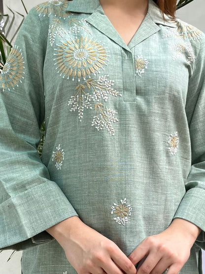 Sage Green Malkha Cotton Chikankari Co-ord Set