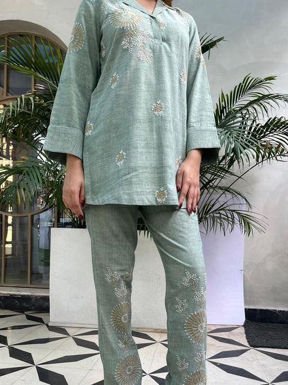 Sage Green Malkha Cotton Chikankari Co-ord Set