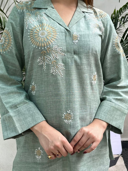 Sage Green Malkha Cotton Chikankari Co-ord Set