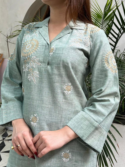 Sage Green Malkha Cotton Chikankari Co-ord Set