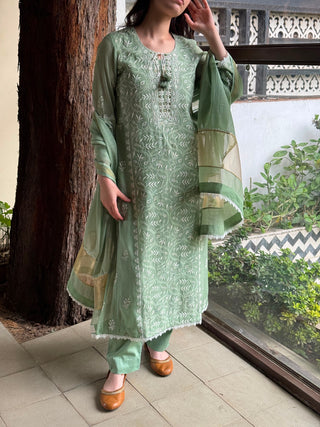 Sage Green Mul Chanderi Chikankari Kurta Dupatta Set with Mukaish Kamdani