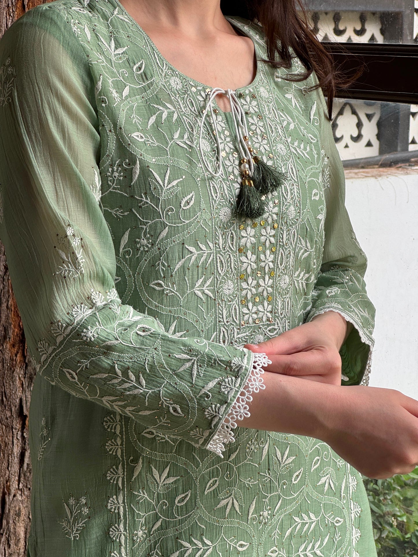 Sage Green Mul Chanderi Mukaish Kamdani Chikankari Stitched Kurta Dupatta Set