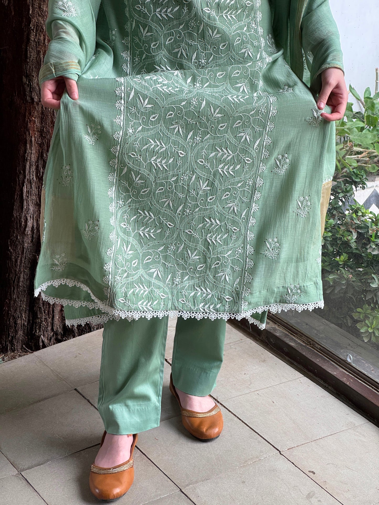 Sage Green Mul Chanderi Mukaish Kamdani Chikankari Stitched Kurta Dupatta Set