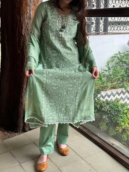 Sage Green Mul Chanderi Mukaish Kamdani Chikankari Stitched Kurta Dupatta Set