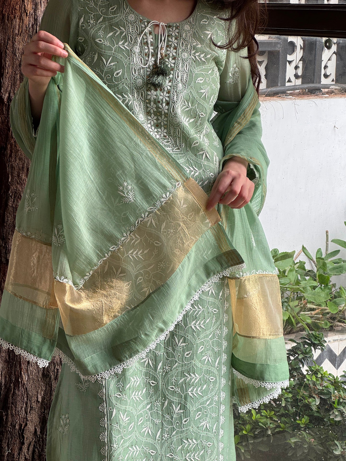 Sage Green Mul Chanderi Mukaish Kamdani Chikankari Stitched Kurta Dupatta Set