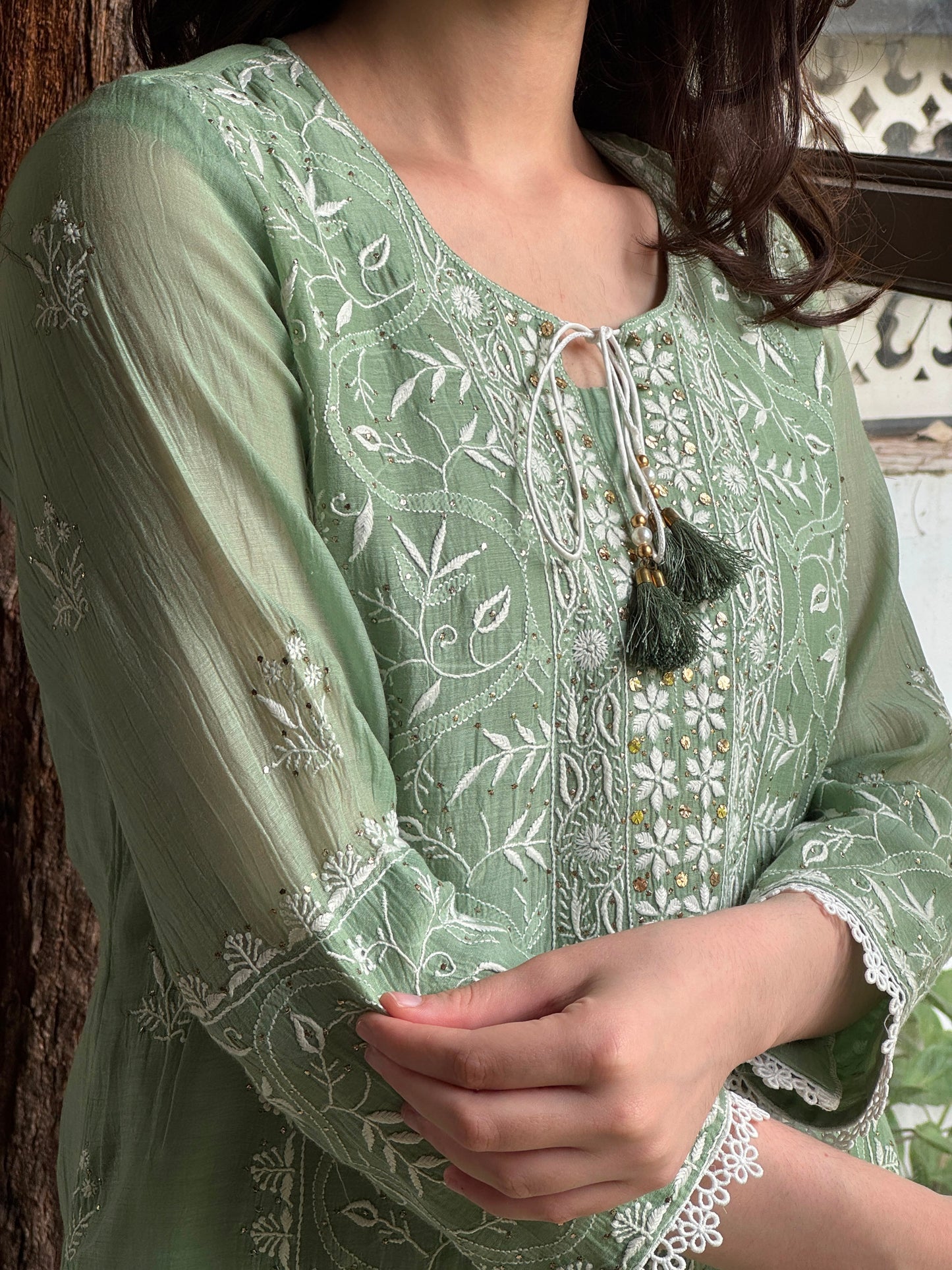 Sage Green Mul Chanderi Mukaish Kamdani Chikankari Stitched Kurta Dupatta Set