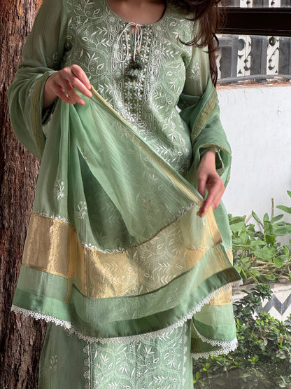 Sage Green Mul Chanderi Mukaish Kamdani Chikankari Stitched Kurta Dupatta Set