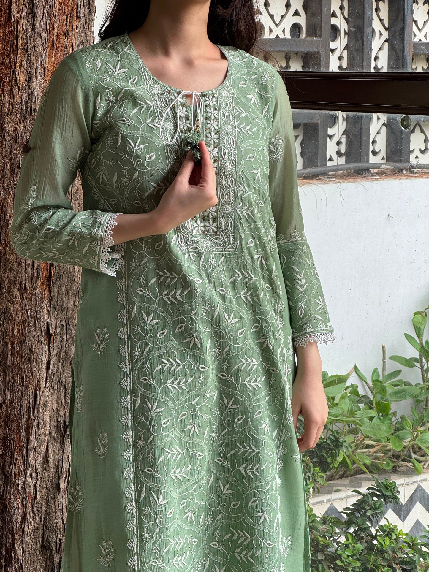 Sage Green Mul Chanderi Mukaish Kamdani Chikankari Stitched Kurta Dupatta Set