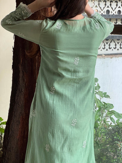 Sage Green Mul Chanderi Mukaish Kamdani Chikankari Stitched Kurta Dupatta Set