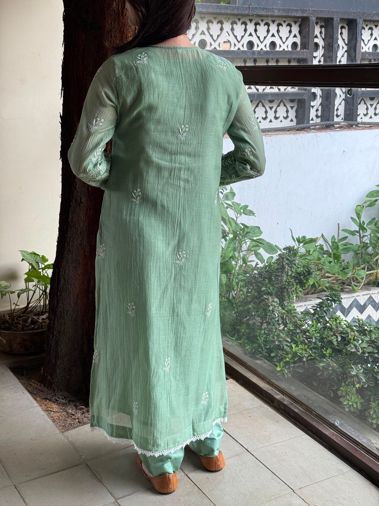 Sage Green Mul Chanderi Mukaish Kamdani Chikankari Stitched Kurta Dupatta Set