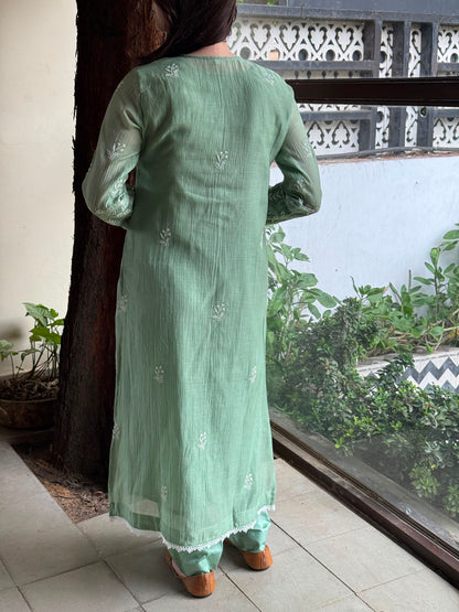 Sage Green Mul Chanderi Mukaish Kamdani Chikankari Stitched Kurta Dupatta Set