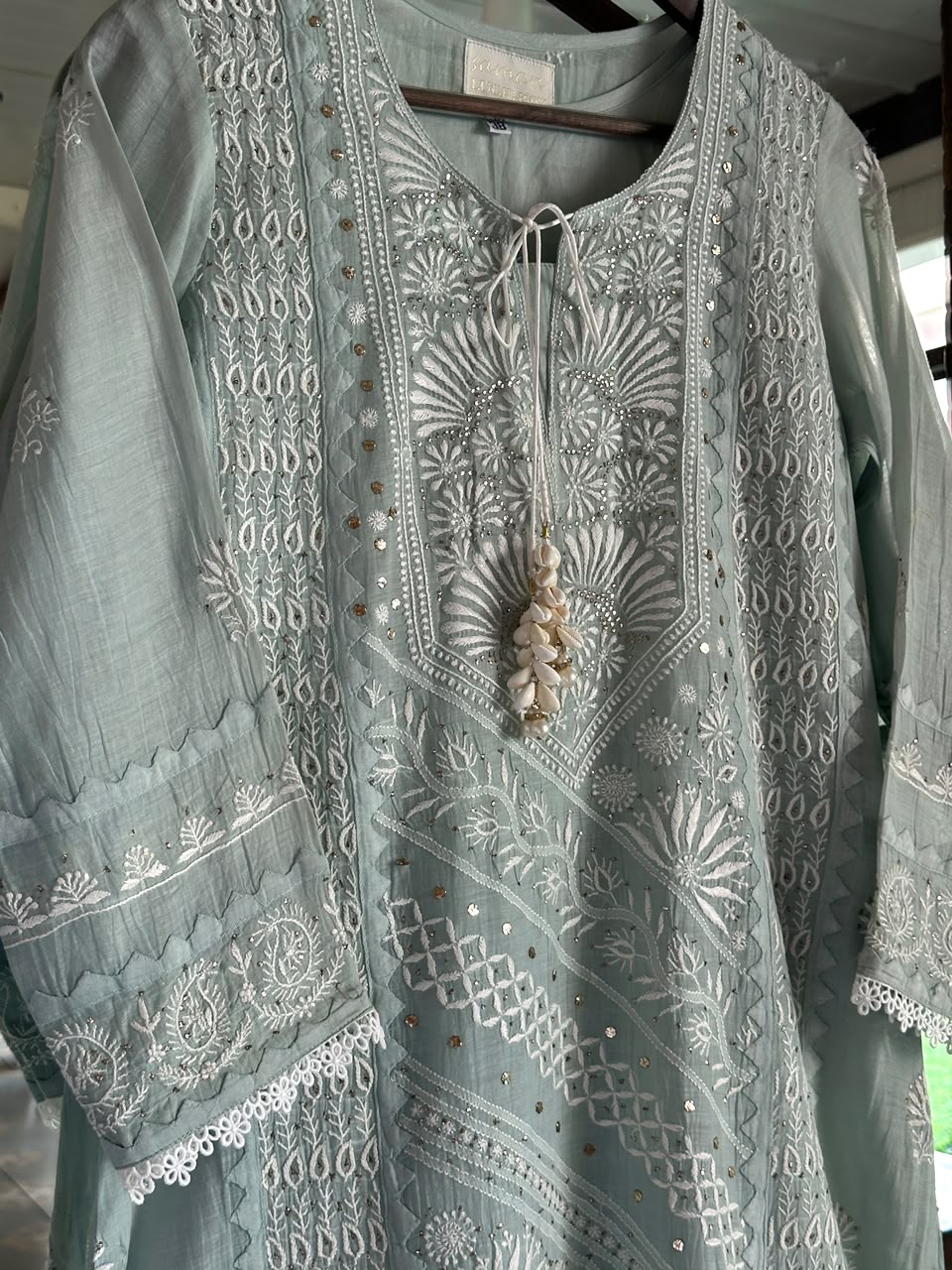 Sage Green Mulmul Pearl White Chikankari Ready to Wear Kurta Set