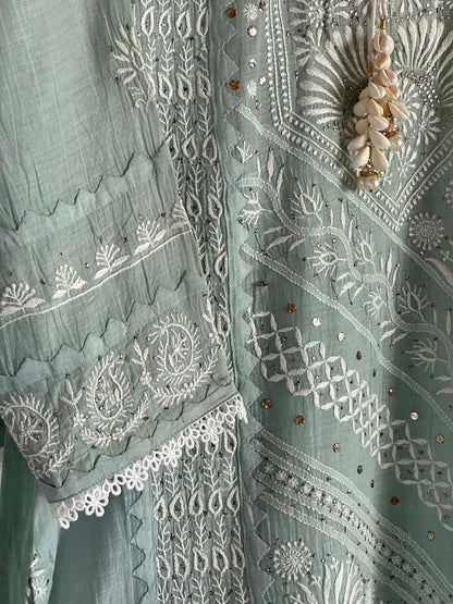 Sage Green Mulmul Pearl White Chikankari Ready to Wear Kurta Set