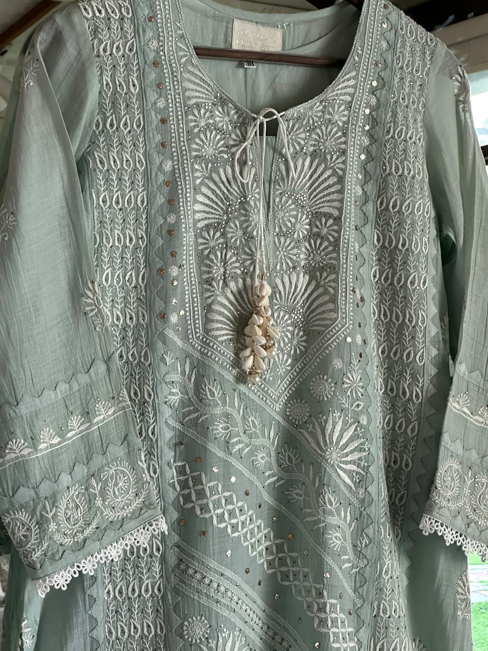 Sage Green Mulmul Pearl White Chikankari Ready to Wear Kurta Set