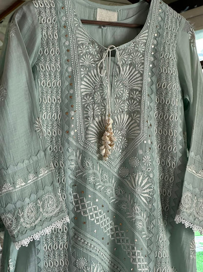 Sage Green Mulmul Pearl White Chikankari Ready to Wear Kurta Set