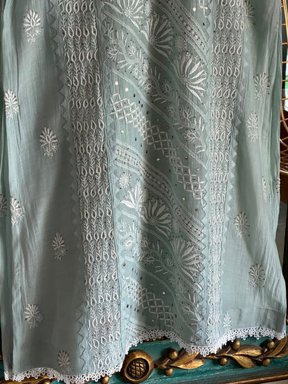 Sage Green Mulmul Pearl White Chikankari Ready to Wear Kurta Set