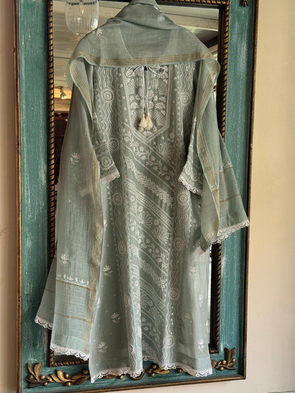 Sage Green Mulmul Pearl White Chikankari Ready to Wear Kurta Set