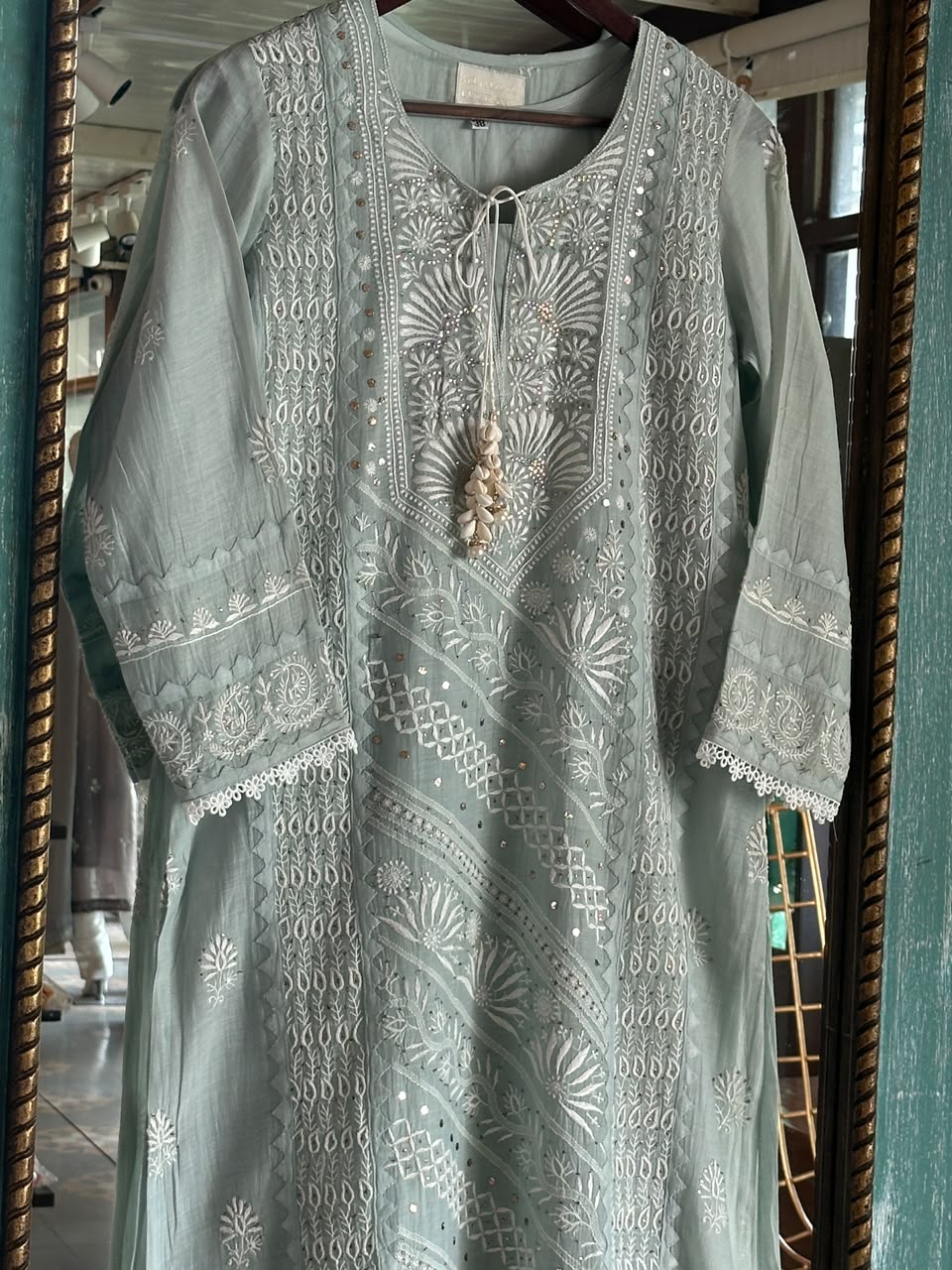 Sage Green Mulmul Pearl White Chikankari Ready to Wear Kurta Set