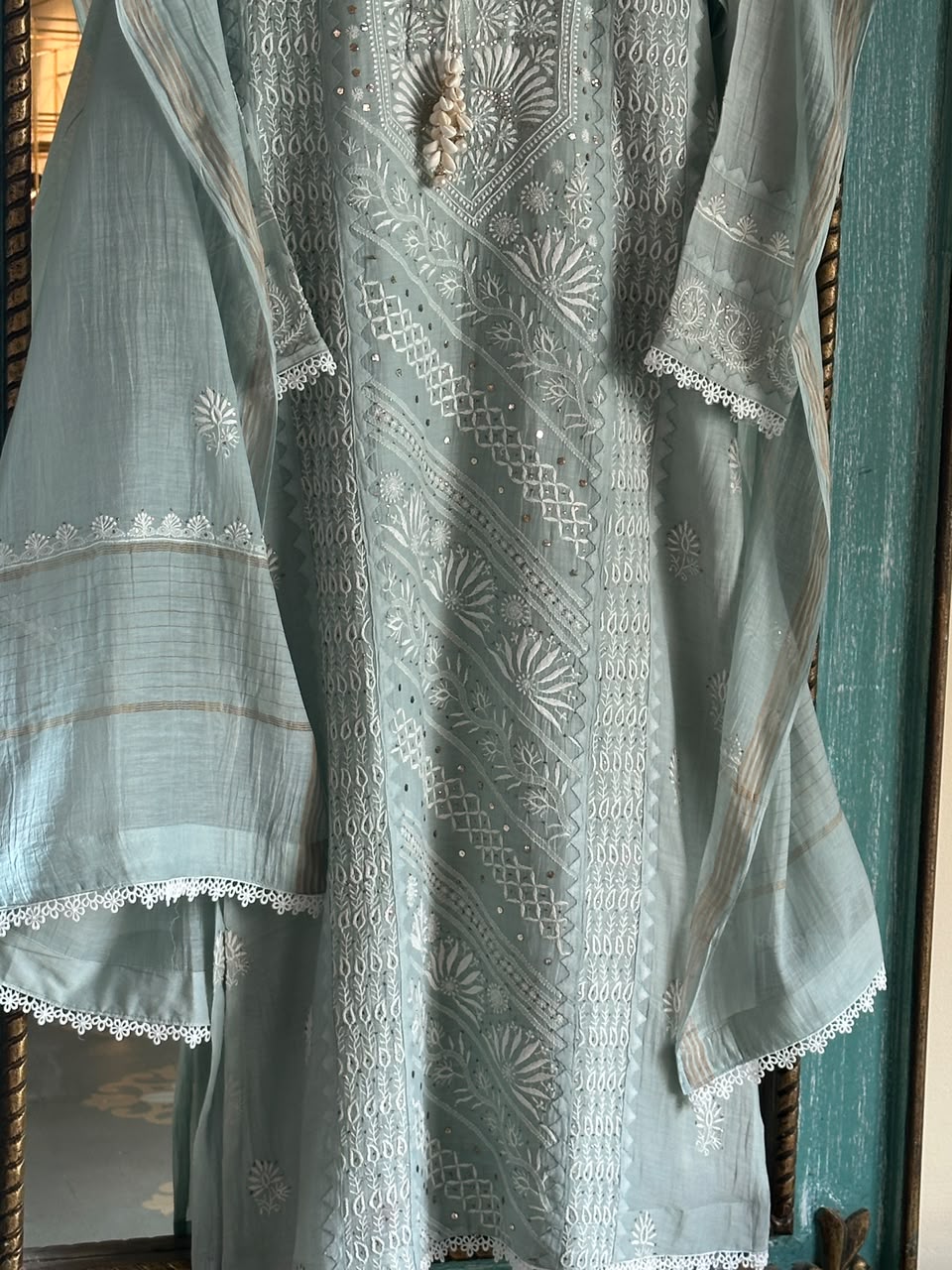 Sage Green Mulmul Pearl White Chikankari Ready to Wear Kurta Set