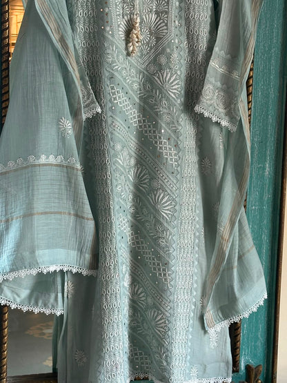 Sage Green Mulmul Pearl White Chikankari Ready to Wear Kurta Set