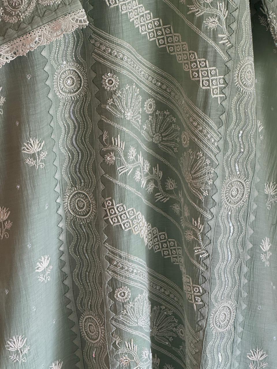 Sage Green Mulmul Pearl White Chikankari Ready to Wear Kurta Set