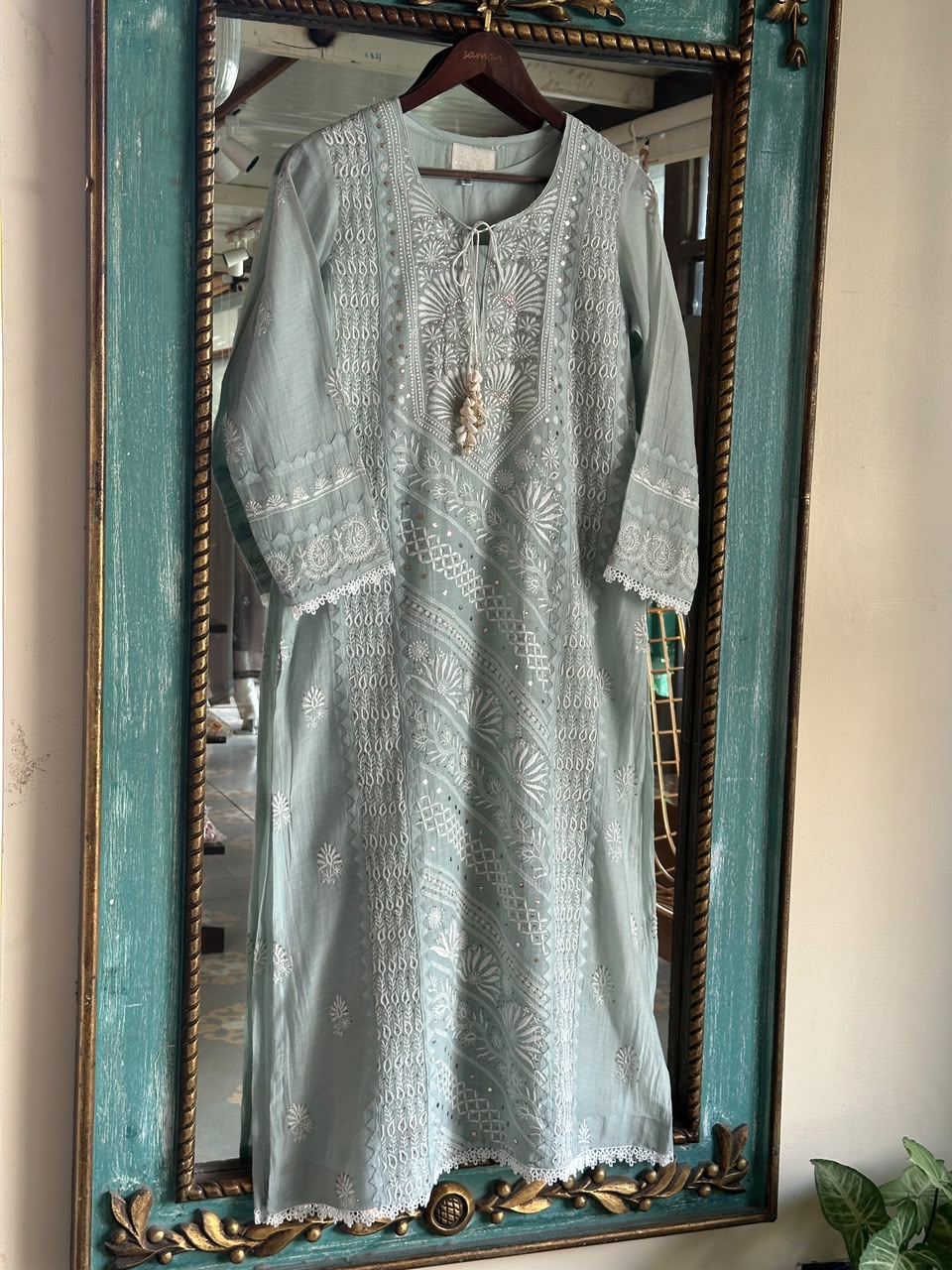 Sage Green Mulmul Pearl White Chikankari Ready to Wear Kurta Set