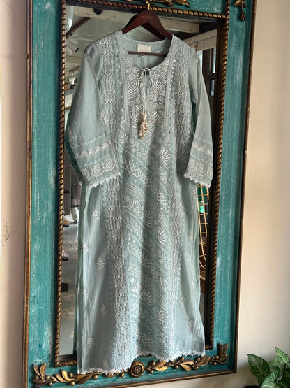 Sage Green Mulmul Pearl White Chikankari Ready to Wear Kurta Set