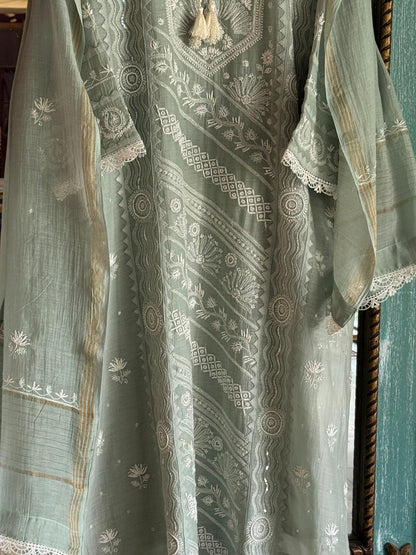 Sage Green Mulmul Pearl White Chikankari Ready to Wear Kurta Set