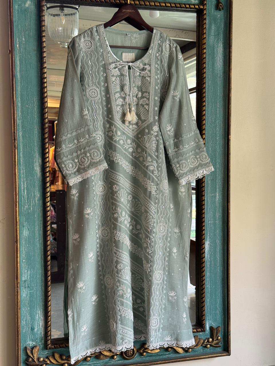Sage Green Mulmul Pearl White Chikankari Ready to Wear Kurta Set