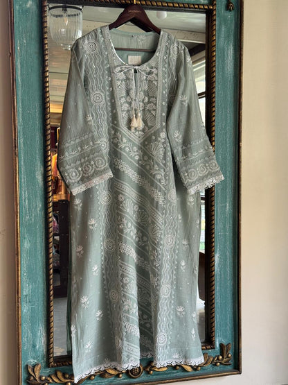 Sage Green Mulmul Pearl White Chikankari Ready to Wear Kurta Set