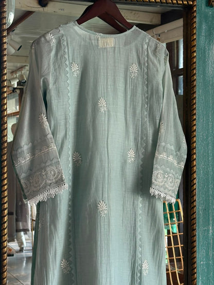 Sage Green Mulmul Pearl White Chikankari Ready to Wear Kurta Set