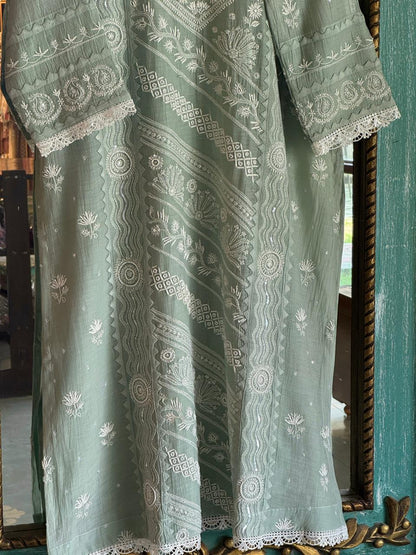 Sage Green Mulmul Pearl White Chikankari Ready to Wear Kurta Set