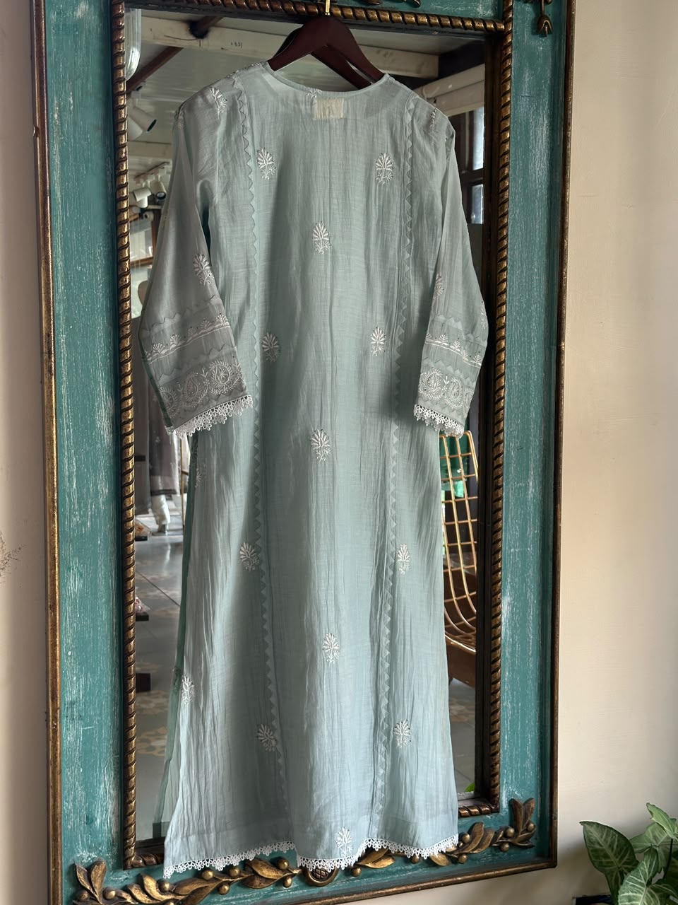 Sage Green Mulmul Pearl White Chikankari Ready to Wear Kurta Set