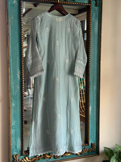 Sage Green Mulmul Pearl White Chikankari Ready to Wear Kurta Set