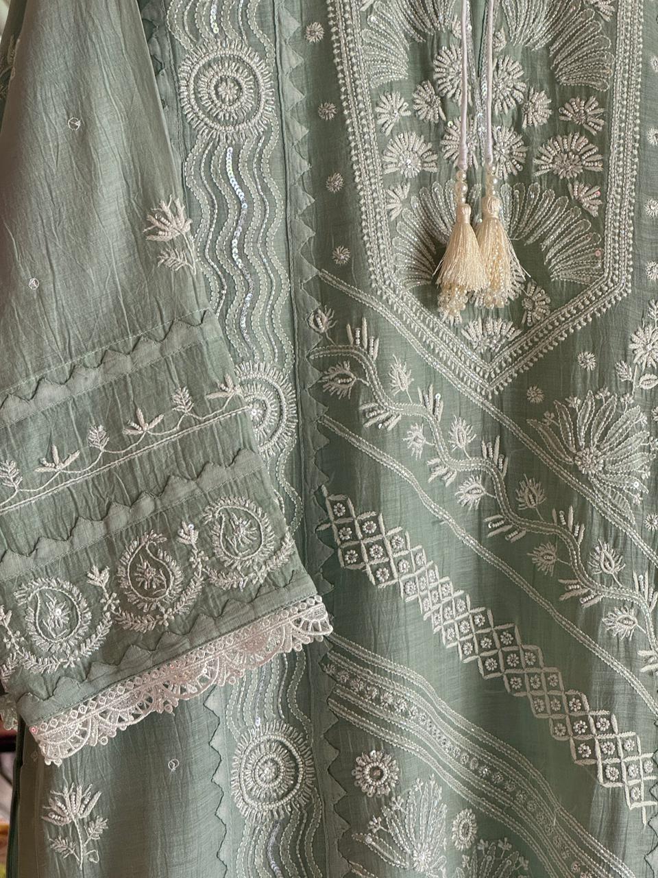 Sage Green Mulmul Pearl White Chikankari Ready to Wear Kurta Set